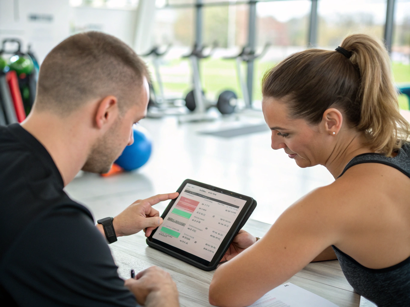 Coach consulting with a client on fitness goals