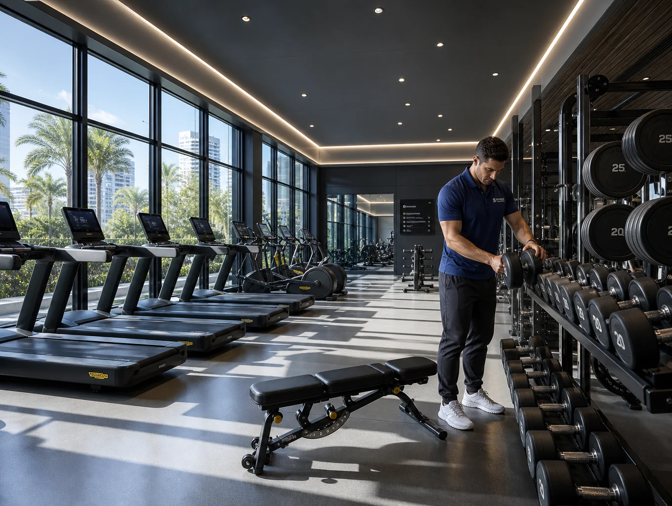 High-end gym equipment under dramatic spotlight in a dark, refined facility